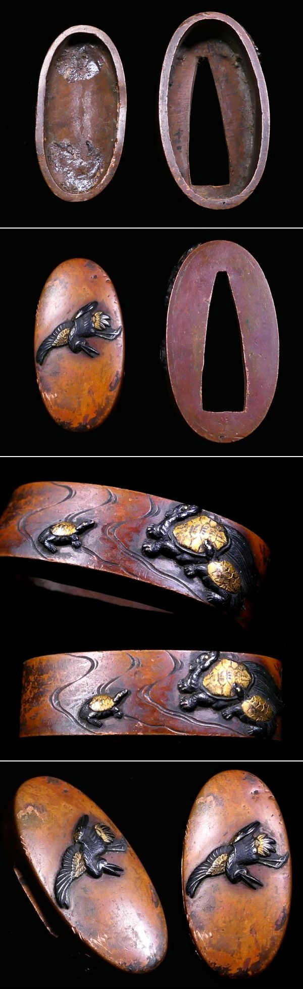 恵 #1800 】後藤系統の優品 繊細細工の鶴亀図 金銀象嵌色絵 素銅地 縁